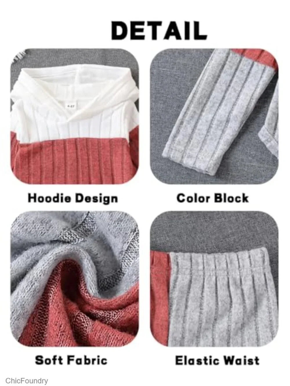 Girls Ribbed Colorblock Hoodie Sweatsuit Set Long Sleeve Pullover and Pants